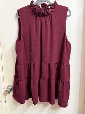entro Sleeveless Ruffle Neck Tiered Tunic - Burgundy